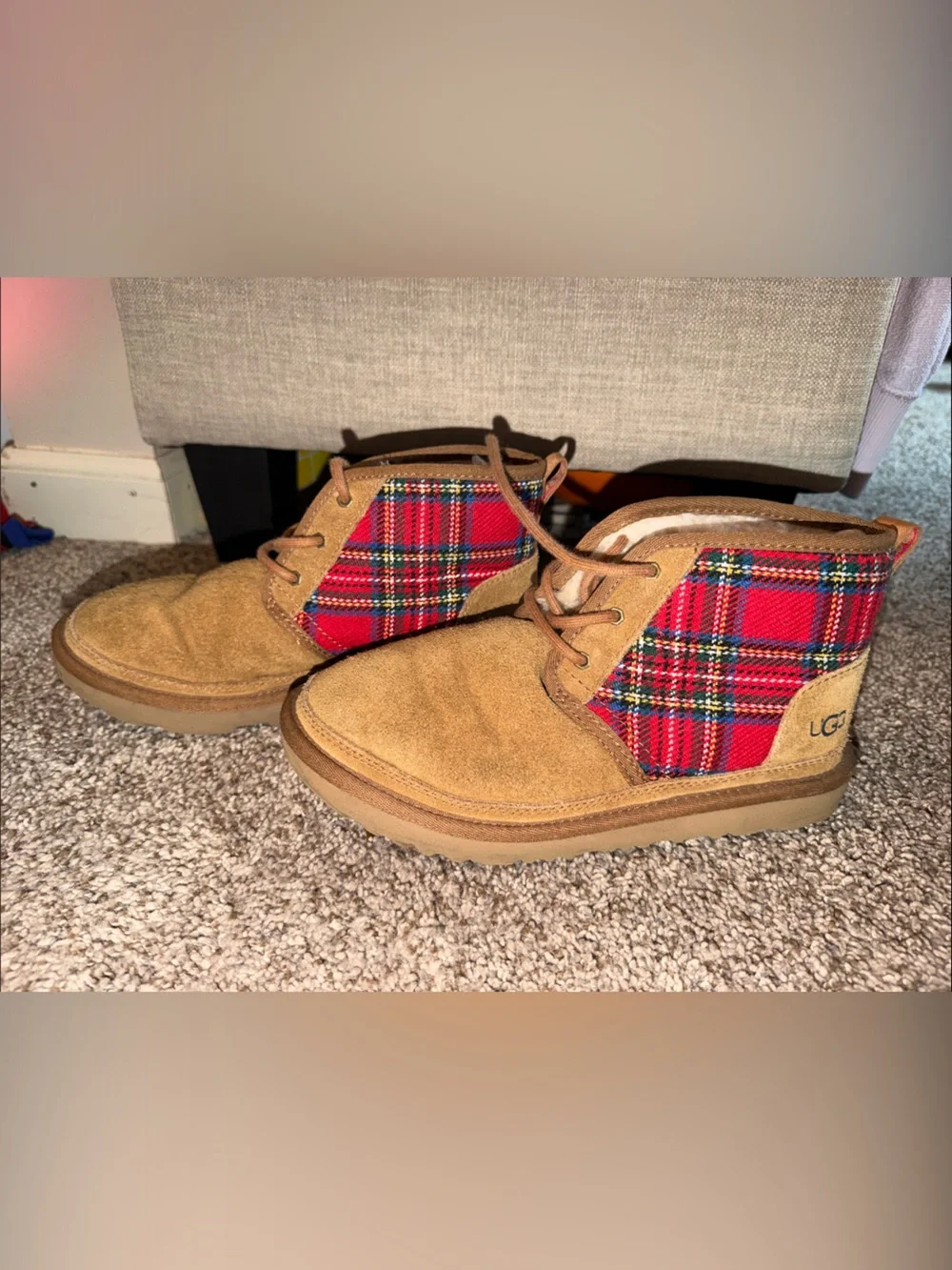 UGG Kids Tan Suede Boots with Red Plaid Panels